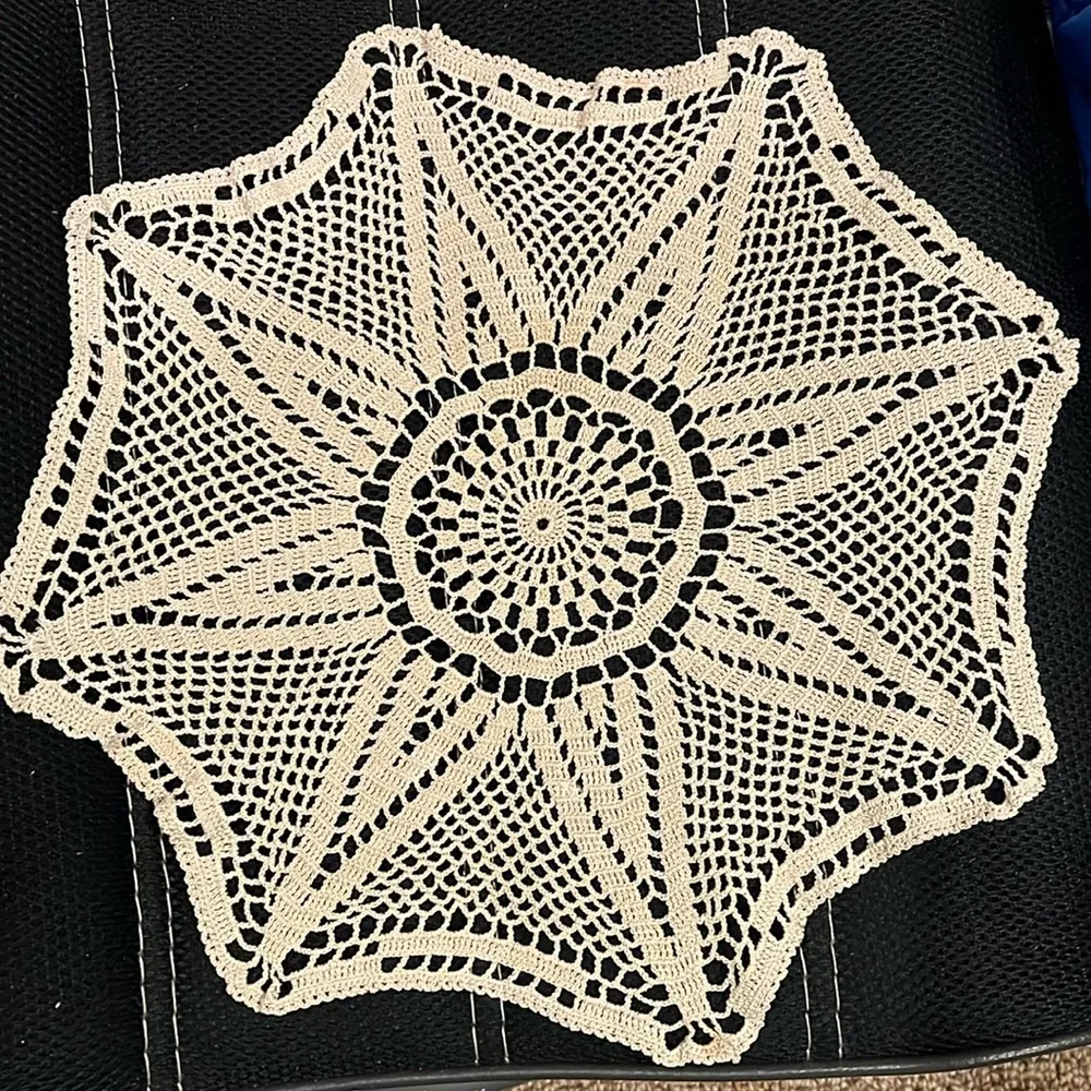 Vintage Handmade Crocheted Cotton Lace Doily 15” octagonal star open weave doily